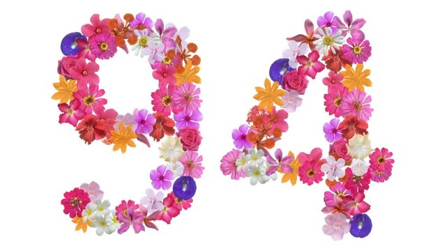 94, Video of numbers formed from growing flowers, suitable for birthday, anniversary and commemoration templates.