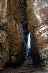 Scenic diversity of Mullerthal, Luxembourg's Little Switzerland, hiking routes, rock formations, moss-covered forests, tourist destination in Europe
