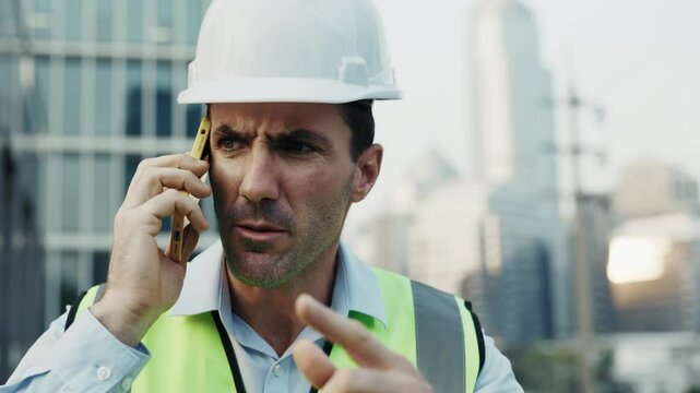 Portrait of man engineer in hardhat speaking angrily on phone and looking away. Male contractor in safety vest shouts on workers encountering technical failures on building site