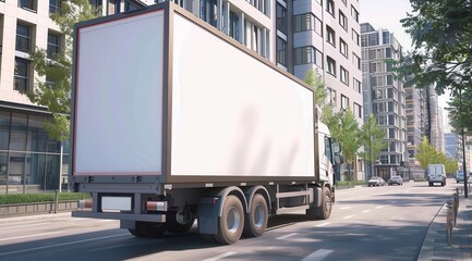 3D rendering of blank billboard on truck near modern buildings