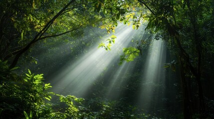 Obraz premium Sunlight Through Trees in Lush Green Forest