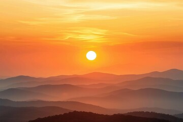 A stunning sunset casts vibrant orange and yellow hues over layered mountains, creating a tranquil and picturesque landscape.
