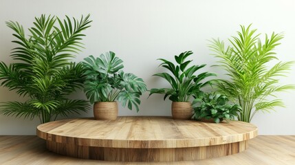 Fototapeta premium Product display stand, wooden platform, leaves on light color background