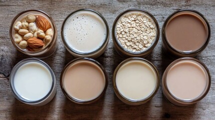 Naklejka premium Assortment of various plant-based milk in glass cups on wooden background.