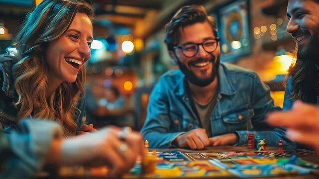 Cheerful group of middle aged friends playing  board game. Having fun in entertainment club playing intellectual game.