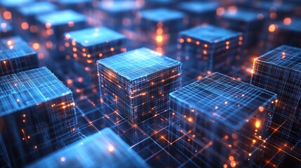 Abstract blue and orange glowing cubes connected by lines, digital network, futuristic technology.