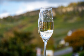 Tasting sparkling white wine, traditional champagne method making of cremant in caves on Moselle river valley in Luxembourg, glasses of wine and view on terraced vineyards