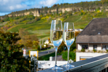 Tasting sparkling white wine, traditional champagne method making of cremant in caves on Moselle river valley in Luxembourg, glasses of wine and view on terraced vineyards