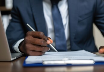 Businessman Writing Report on Digital Document at Office Desk