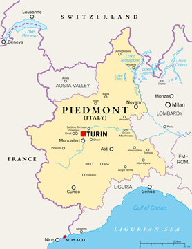 Piedmont region in northwest Italy, political map. Second largest Italian region with capital Turin, bordering France, Switzerland, and the regions Aosta Valley, Lombardy, Emilia-Romagna, and Liguria.