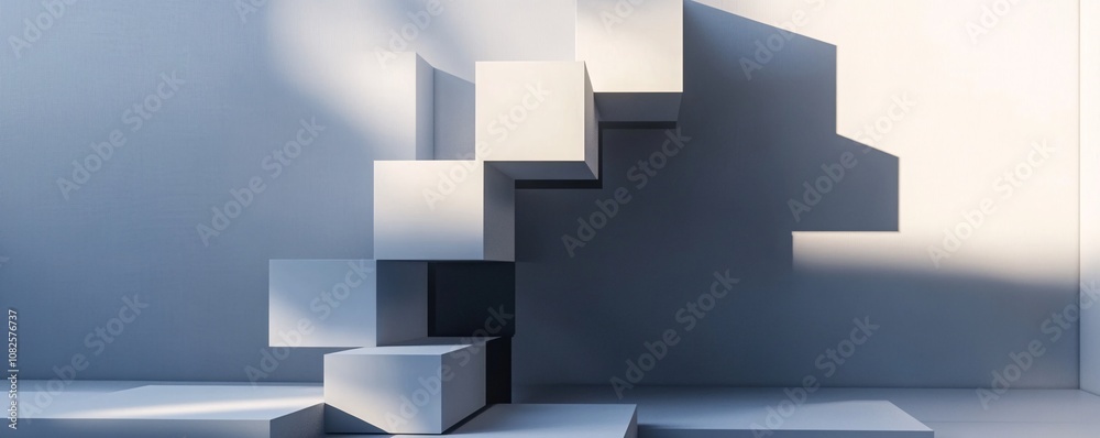 Aufkleber white abstract cubes staircase ascending in sunlit empty room
