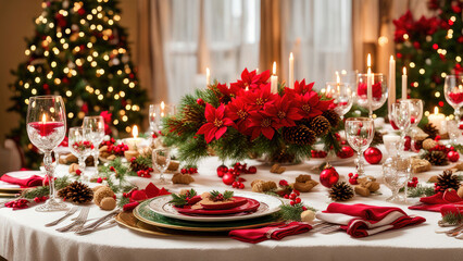 A festive Christmas dinner table set on rustic wood with fine china, sparkling crystal glasses, and warm candlelight. The cozy ambiance radiates holiday charm and togetherness.