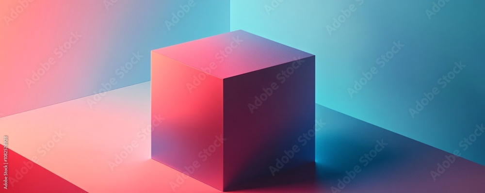 Poster pink and blue neon light illuminating cube in corner: minimalist abstract composition
