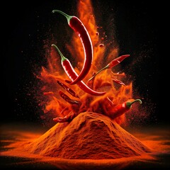 Spicy red chili peppers burst through a cloud of chili powder, creating a dynamic and aromatic scene. Vibrant colors and textures create excitement.