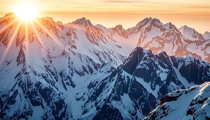Fototapeta premium Stunning sunrise over snow-covered mountain peaks with rays of light shining through
