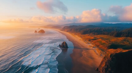 Naklejka premium Golden Hour Sunset Over Calm Ocean Waves and Sandy Beach