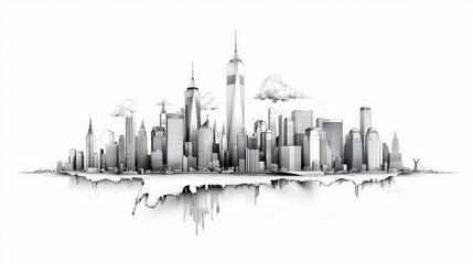 Obraz premium A beautiful city silhouette featuring skyscrapers and iconic structures, perfectly outlined on a clean white background, reflecting modern architecture.