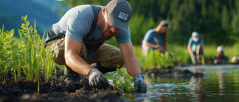Volunteers plant wetland plants to conserve water and restore ecosystems