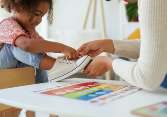 Child learning to tie shoes with parental help in bright room