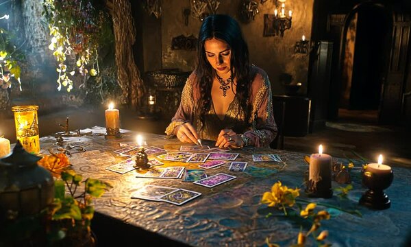 Mysterious tarot card reading in a dimly lit room, adorned with candles, mystical symbols, and an enchanting atmosphere that evokes a sense of magic and intuition