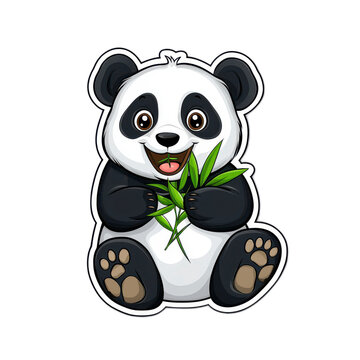 recommend clip art: A cute cartoon illustration of a baby panda bear sitting and happily munching on a sprig of green bamboo leaves.