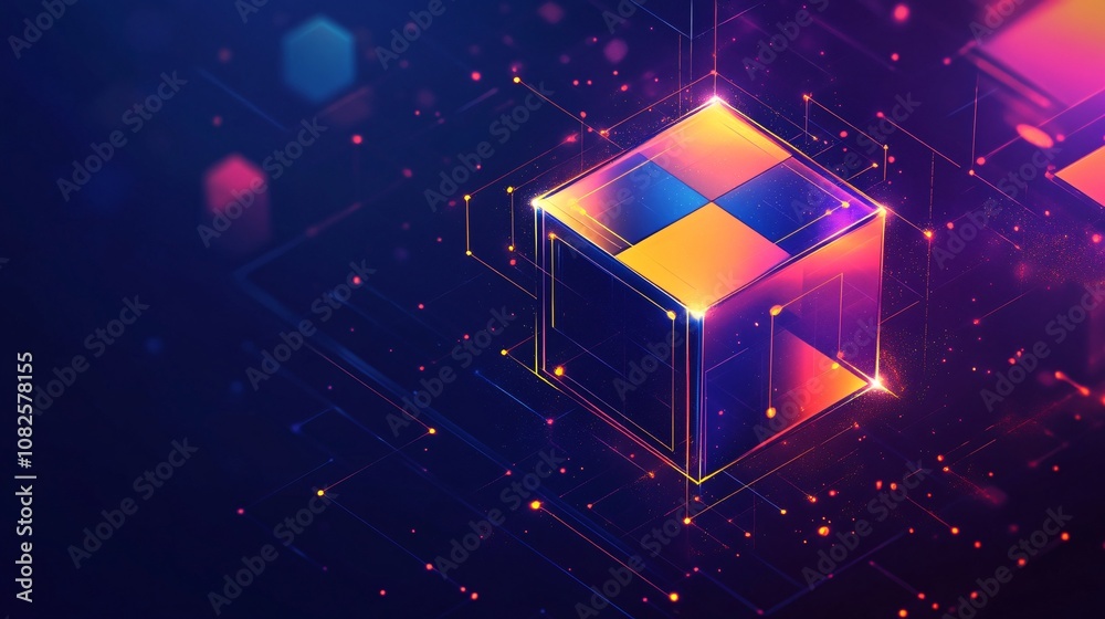 Aufkleber Glowing cube connecting digital data flowing on circuit board