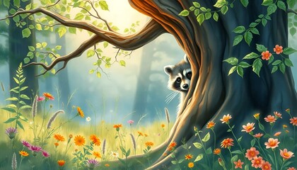 Illustration of a raccoon peering from behind a tree in a vibrant forest with wildflowers