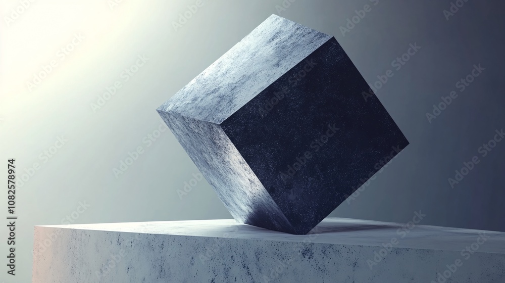 Poster Dark metallic cube balancing on concrete block in spotlight