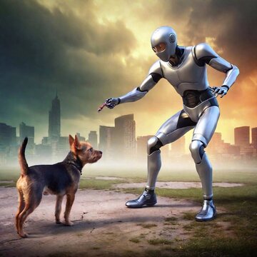 science fiction cyborg playing fetch with yorkshire terrier in alien city background