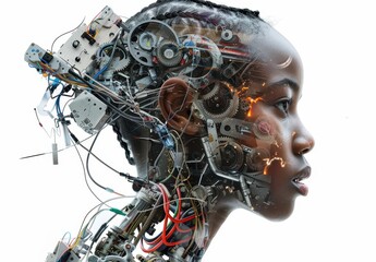 Fototapeta premium Double Exposure Portrait of Woman and Daughter with Mechanical Parts