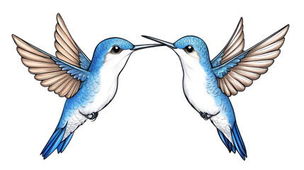 Fototapeta premium Two vibrant blue hummingbirds with outstretched wings and light brown accents, facing each other against a solid black background.