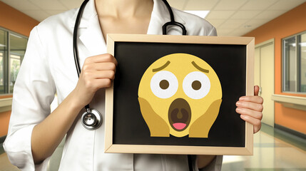 Doctor with screaming face on blackboard in hospital environment,wellness and patient health care concept.