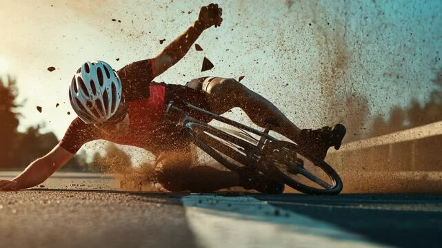 Cycling accident during a stationary bike session, person falling off the bike after losing balance