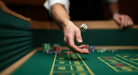 Hand throwing dice on craps table in casino with blurred chips in background