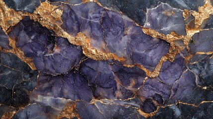 A close-up of a textured stone featuring purple and gold hues.