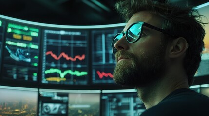 Investment banker analyzing green energy stocks financial hub digital displays modern office close-up stock market trends