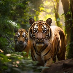 Obraz premium Stunning Wildlife Capture of Majestic Tigers Roaming Freely Through the Dense Jungle During Spring, Showcasing Raw Nature at Its Best with No Human Presence