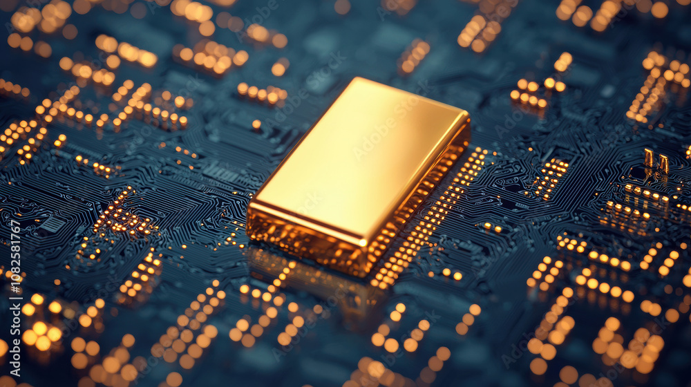 Poster gold microchip resting on illuminated circuit board: future of investments and technology