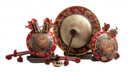 Traditional Chinese Musical Instruments Like Gong, Chinese New Year Festival, Isolated on White, PNG File, Transparent Background
