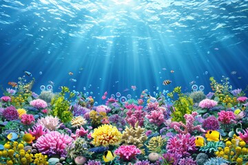 Fototapeta na wymiar A vibrant underwater scene filled with colorful coral reefs and diverse marine life, illuminated by sunlight filtering through the water.