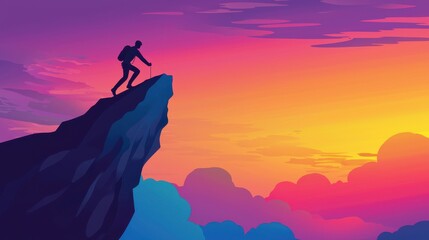 Mountain climber scaling steep cliff at sunrise digital artwork outdoor adventure inspirational landscape side view determination and achievement