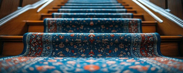 Elegant blue carpets covering wooden staircase in luxury hotel