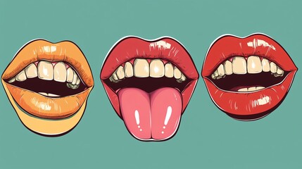 Fototapeta premium Three colorful mouths showing teeth and tongue sticking out on turquoise background