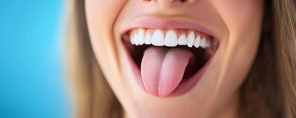Obraz premium Woman showing her tongue and perfect white teeth while smiling