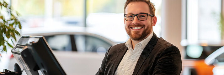 Smiling Male Customer Service Representative in Auto Showroom with Professional Approachability