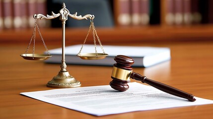 lawyer justice signature. A close-up of a gavel and scales of justice on a legal document, representing law, justice, and the judicial system.