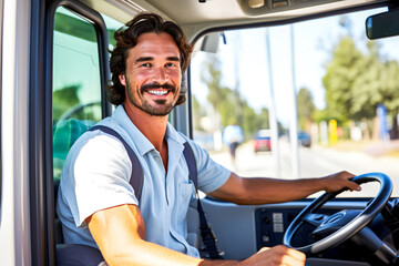 Smiling young adult male bus driver with dark hair, driving an electric bus on a bright day. Concept of cheerful public service, sustainable commuting, and green urban transportation. Copy space