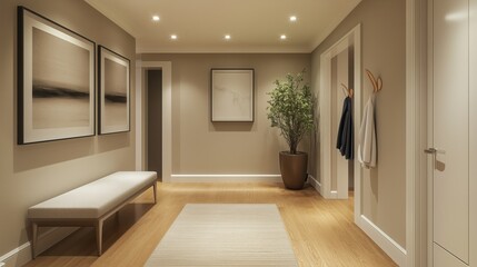 Modern and Inviting Hallway with Stylish Decor, Soft Lighting, and Minimalist Design Features in a Contemporary Home Setting