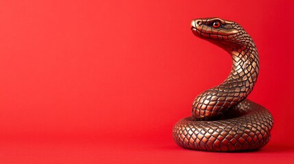 Bronze snake figurine on a red background. Happy Chinese New Year.