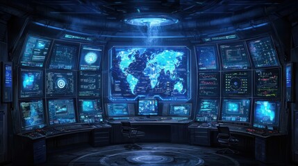 Obraz premium Network operations center monitoring cloud computing security protocols futuristic control room digital environment high-tech viewpoint